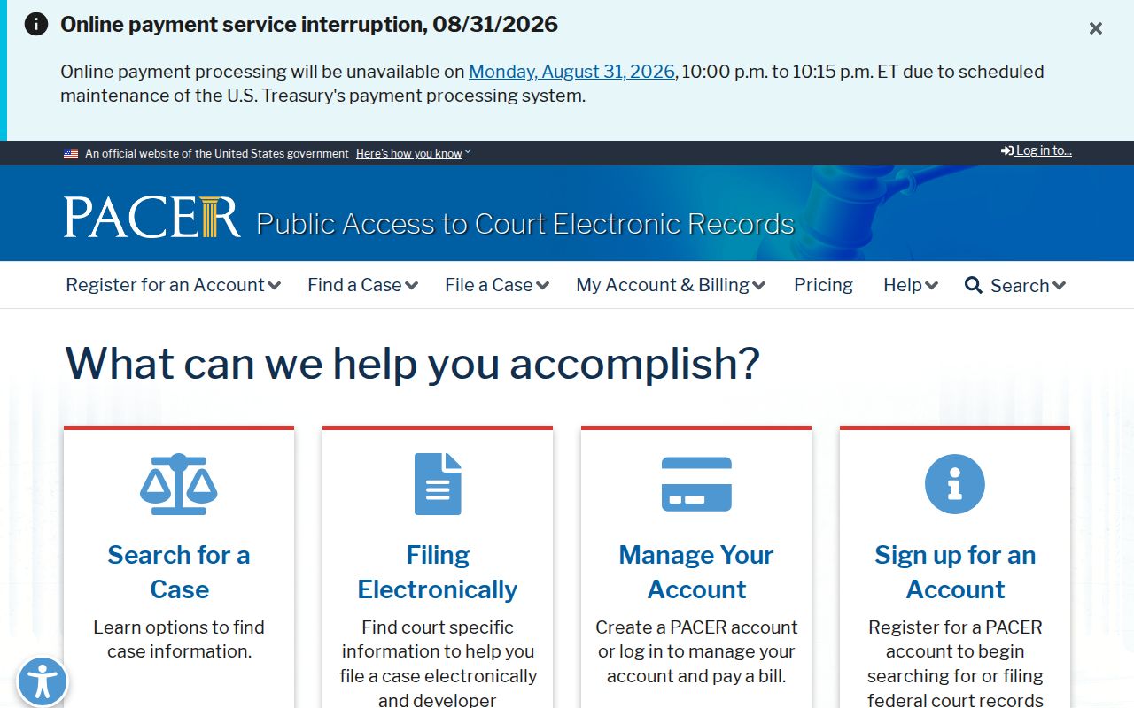 Official PACER federal docket search service for cases separate from Burke County court dockets