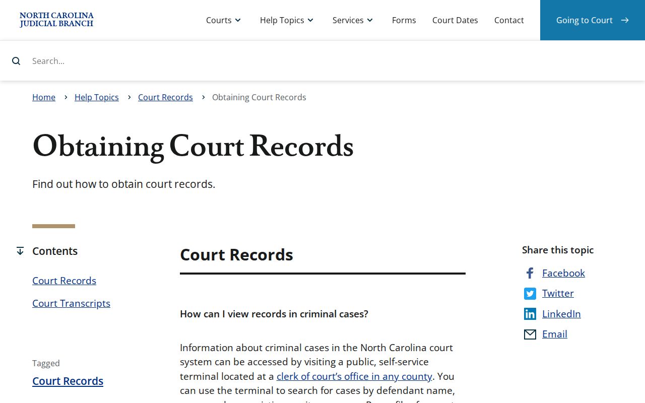 North Carolina Judicial Branch instructions for obtaining court records through clerk offices and terminals