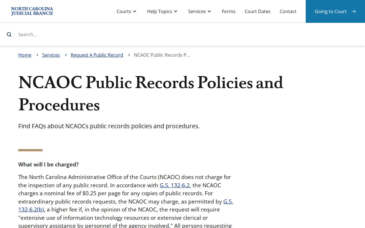 NCAOC public records policy describing agency-record inspection and copy procedures