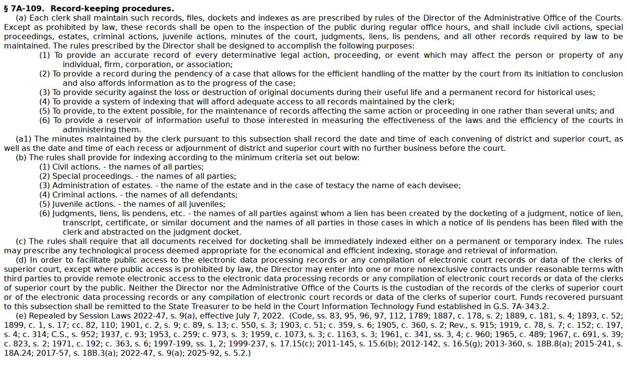 North Carolina General Statute 7A-109 on clerk-maintained court records and public inspection