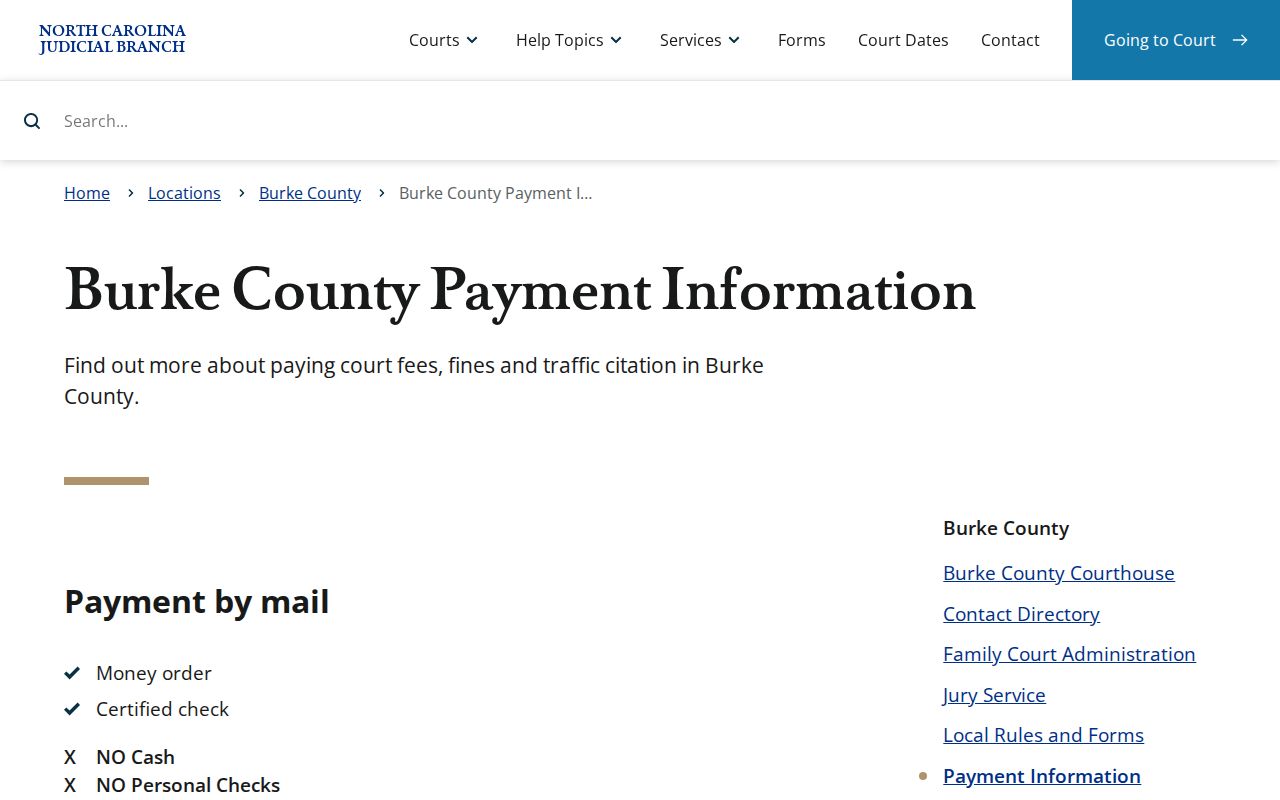 Burke County Clerk payment information for eligible traffic court payments by mail, counter, and online