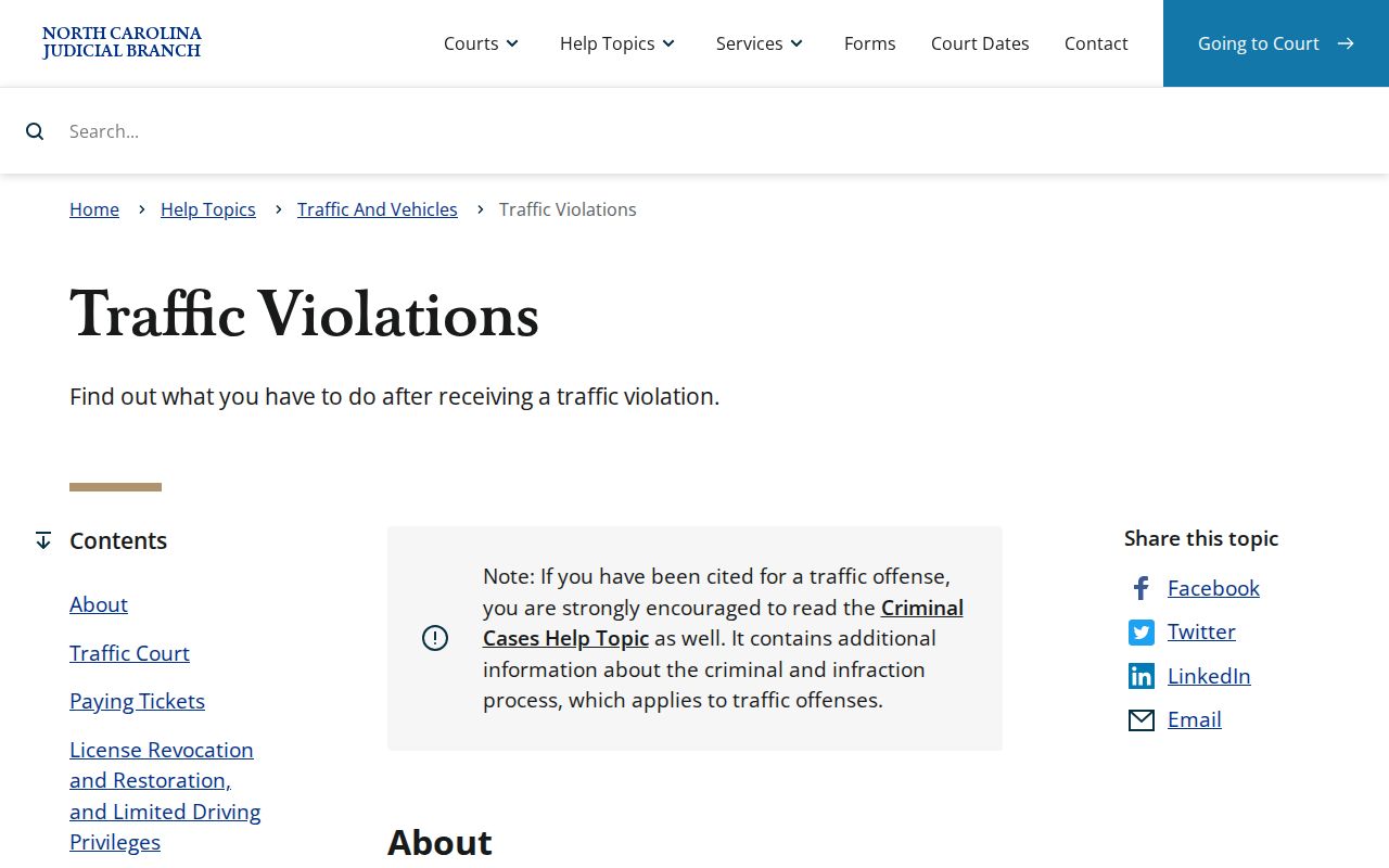 North Carolina Judicial Branch traffic violations guidance for court appearances and citation resolution